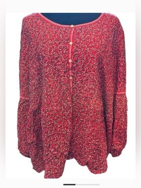 Max Studio Red Floral Button-Front long sleeve relaxed Blouse .